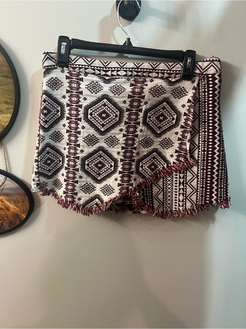 Aztec Wrap Skort with Fringe Trim - Burgundy & Cream